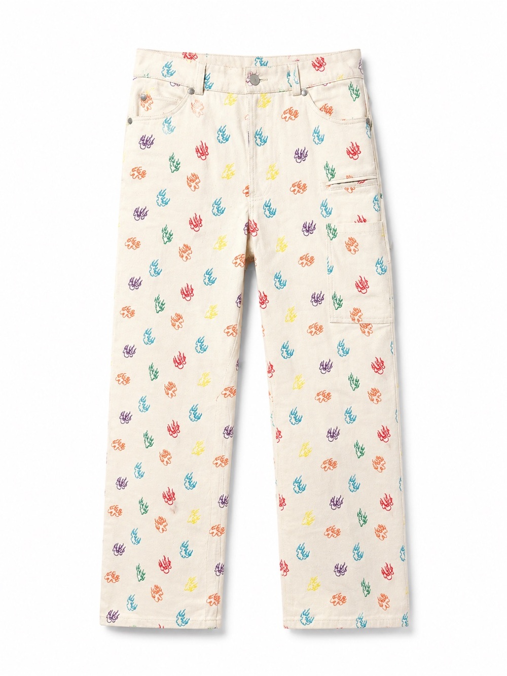 High-Rise Cream Jeans with Multicolor Flame Embroidery